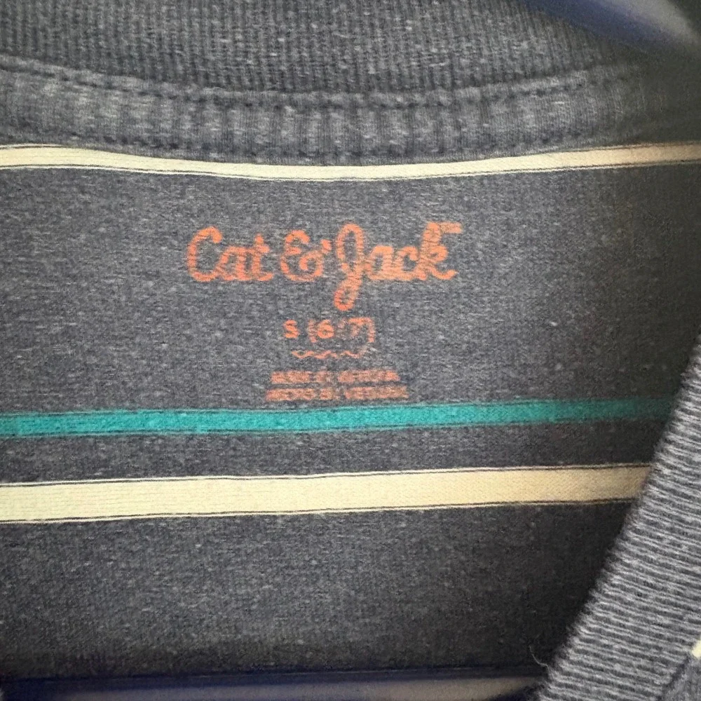 Cat & Jack Boys Navy Blue Teal Striped Long Sleeve Crew Neck Tee Size S 6/7